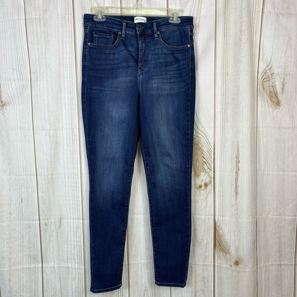 Frayed Hi-Rise Curve Hugging Skinny Jeans Blue Denim Size 30